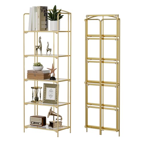 Crofy 5-Tier Foldable Bookshelf, Gold Frame & Transparent Shelves | No-Assembly Collapsible Portable Storage Organizer; Sturdy Transparent Shelves; Ideal for Living Room & Home Office - color: Gold Frame & Transparent Shelf, size: 5 Tier