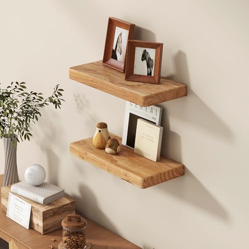 Fun Memories Floating Shelves for Wall, Rustic Wood Floating Shelf for Home Decor, Solid Elm Wood Wall Shelf Heavy-Duty Bracket, Wooden Bathroom Shelves 16 Inches Long Set of 2 - color: Usa-sourced Elm Wood, size: 16"W x 6.7"D