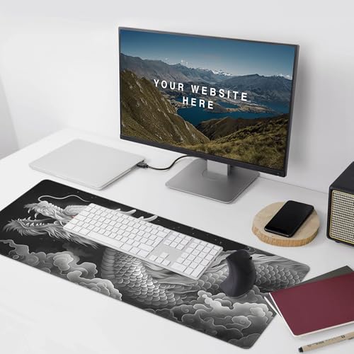 Extended Gaming Mouse Pad with Dragon Design, 35.4 x 15.7 Inches, Non-Slip Rubber Base, Stitched Edges, Rectangular Desk Mat - color: Dragon