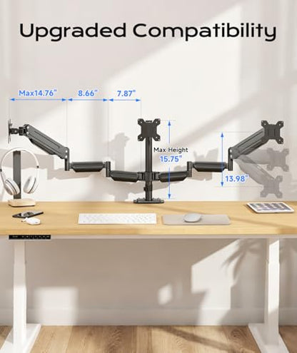 Pholiten Triple Monitor Mount for Desk, 2 Gas Spring Monitor Arms for 17-32 inches Screen, Fully Adjustable Heavy Duty Monitor Mount with Clamp & Grommet Mounting, Each Arm Holds 22 lbs - style: 3 monitor mount