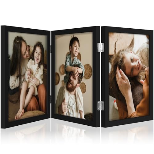 decorUhome Black Triple 8x10 Picture Frame Vertical, MDBK08 | "Z" Shape Folding Design Engineered Wood Trifold Photo Frame with Plexiglass for Tabletop Display - color: Black, size: 8x10