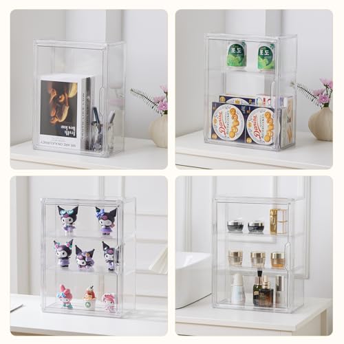 3 Tiers Clear Display Case, Plastic Storage Bins with 2 Adjustable Divider and Magnetic Door,Stackable Display Box for Figures Showcase (1pack) - size: Large-3 Tier-1 Pack