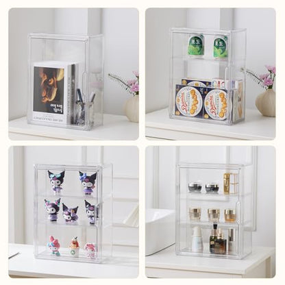 3 Tiers Clear Acrylic Display Case, Plastic Storage Bins with 2 Adjustable Divider and Magnetic Door,Stackable Display Box for Figures Showcase (3pack) - size: Large-3 Tier-3 Pack