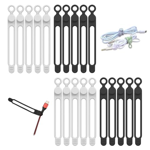 UMUST 20pcs Silicone Cable Ties,Reusable Cable Management Organizer, Wire Ties，Travel Cord Ties，Cord Organizer for Bundling Cable Cords in Home,Office,Kitchen,School(White Black) - color: 20pcs-[white Black], size: 4.2Inch