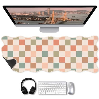 Copkim 1 Pcs Boho Scalloped Checkered Desk Mat 31.5 x 11.8 Inch Large Cute Mouse Pad Computer Mat Non Slip Waterproof Rubber Base with Border Stitching Soft Keyboard Pad for Home Office Gaming Makeup - color: Boho, style: Checkered