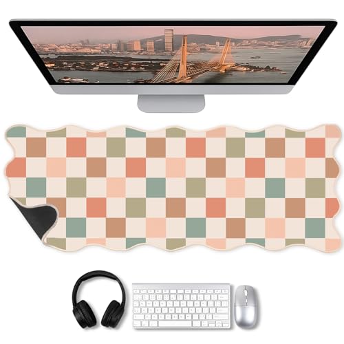Copkim 1 Pcs Boho Scalloped Checkered Desk Mat 31.5 x 11.8 Inch Large Cute Mouse Pad Computer Mat Non Slip Waterproof Rubber Base with Border Stitching Soft Keyboard Pad for Home Office Gaming Makeup - color: Boho, style: Checkered