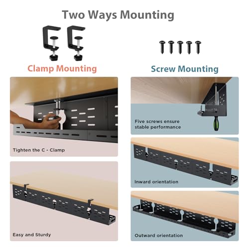 Univivi Under Desk Cable Management Tray - 48" Steel Cord Organizer, No-Drill C-Clamp & Screw Mount for Office/Home, Effortless Wire Management (Black) - color: Black, size: 48"