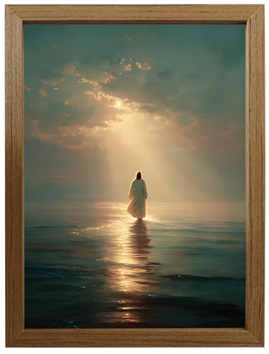 Framed Christian Wall Art, Jesus Walking on Water Canvas Print with Wooden Frame, Religious Faith Wall Decor for Living Room Bedroom Prayer Room Church, Ready to Hang, 8x10 12x16 16x24 - color: lanse, size: 10"L x 8"W