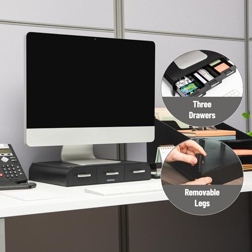 Mind Reader Monitor Stand, 3 Storage Drawers, Desktop Organizer, Riser, Office, 13.5"L x 13"W x 4"H, Set of 2, Black - size: 2 Pack