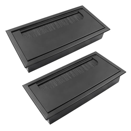 Hordion 2 Pcs Rectangle Desk Grommet Cable Hole Cover, 6.3" x 3.15" Metal Wire Grommet with Brush for Computer Desk Table, Black