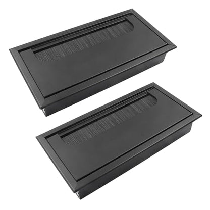 Hordion 2 Pcs Rectangle Desk Grommet Cable Hole Cover, 6.3" x 3.15" Metal Wire Grommet with Brush for Computer Desk Table, Black