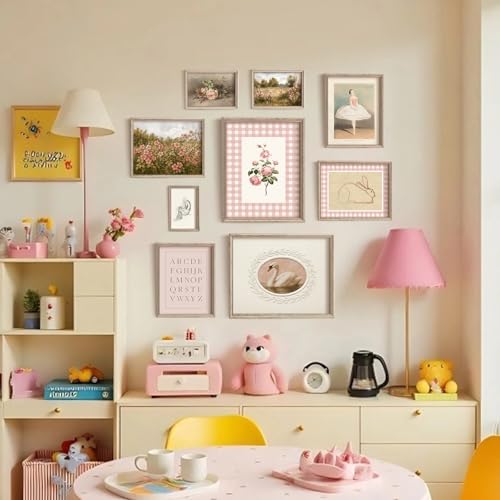 Vodefoad Pink Nursery Wall Art Set Retro Baby Girl Nursery Wall Decor Cute Kids Room Decor Swan Rabbit Landscape Canvas Painting Vintage Girls Gallery Art Antique Pink Nursery Poster for Kids Bedroom, Nursery Room Decor- Unframed - color: Pink Nursery, si