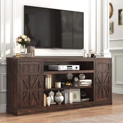 Hlivelood 75" Farmhouse TV Stand with Power Outlets for 85 Inch TVs, 33" Tall Entertainment Center with Storage Cabinets w/Adjustable Shelves, Rustic Large TV Media Console, Brown - color: Brown, size: 75in