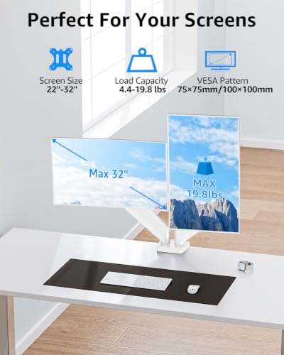 Dual Monitor Stand fits up to 32 inch, 4.4-19.8 lbs Computer Screens, Dual Monitor Desk Mount Height Adjustable, Monitor Arms for 2 Monitors, Home Office VESA Mounts, Freelift White - color: White, size: Dual