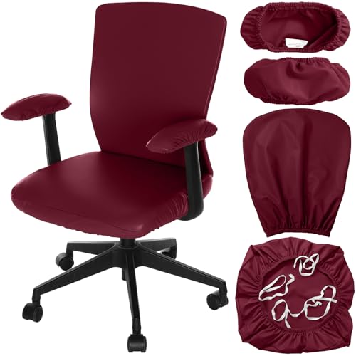 Tallew 4 Pcs Office Chair Covers PU Leather Office Desk Accessories Universal Computer Chairs Cover Stretchable Protective Chair Seat Covers Desk Armrest Cover Slipcovers Rotating Backrest(Burgundy) - color: Burgundy