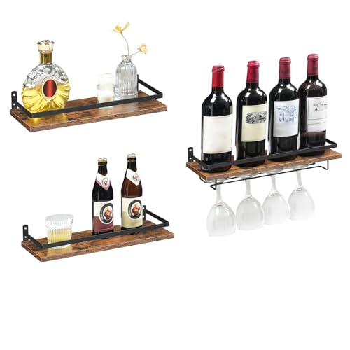 HOOBRO Wall Mounted Wine Rack 3 Pack, Wine Rack with Glass Bottle Holder, Hanging Wine Shelves with Stemware Hanger, Wine Display Storage Rack for Home Bar, Kitchen, Dining Room, Rustic Brown BF34BJ01