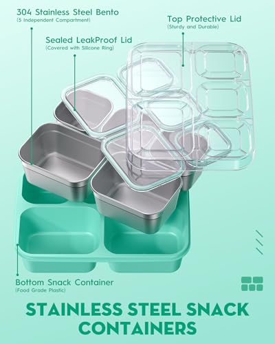 BiuLeon Snackle Box Containers, Stainless Steel 5 Compartments Divided Serving Tray with Lid, Removable LeakProof Portable Bento Box for Fruit Candy Nuts Food - School, Picnic and Travel（Green） - color: Green