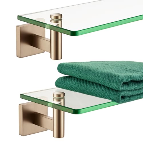 KOKOSIRI Wall Shelves Bathroom Hardware Glass Floating Shelf Small Hanging Rack Storage/Room Decor 16-Inch Champagne Bronze 2 Pack B1105CPG-L16-P2 - color: Champagne Bronze, size: 16-Inch(2 Pack)
