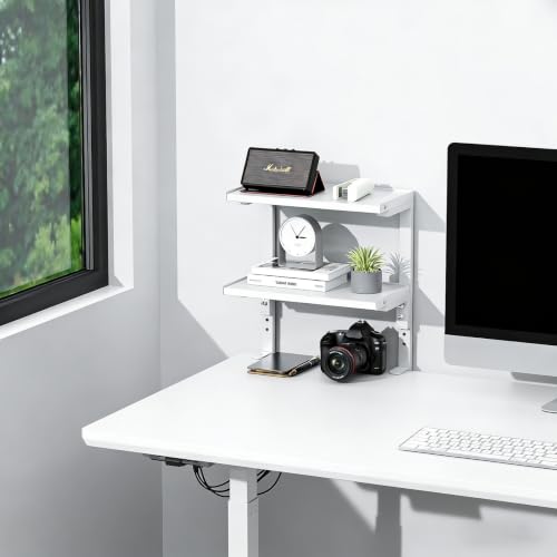 Spacrea Clamp on Desk Shelf, 2 Tier Office Desk Shelves Organizer, Wood Desktop Supplies Storage Rack, Desk Organizers and Accessories (White) - color: White