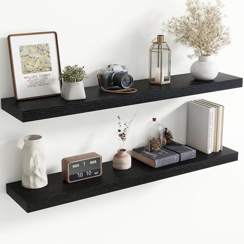 48 Inch Floating Shelves for Wall, 8 Inch Deep Floating Shelf for Storage & Display, Rustic Wall Mounted Shelf with Invisible Brackets for Living Room, Kitchen, Bathroom, Home Decor, Set of 2, Black - color: Black, size: 48 Inch, Set of 2