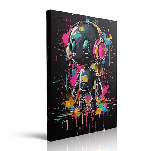 Colorful Robot Canvas Wall Art Framed Headphones Painting Prints Posters Wrapped Canvas Wall Decor Graffiti Tech Artwork for Kids Bedroom Game Room Nursery Office Playroom Cool Home Gift 16x24 Inches - color: Robot01, size: 24"L x 16"W