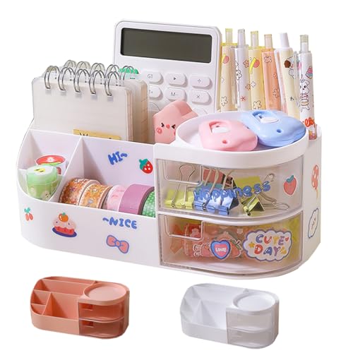 Kawaii Stationery Storage Box Makeup Organizer with 2 Drawers, Kawaii Pen Organizer with Stickers DIY Fun, Desk Organizers and Accessories with 5 Compartments for Teen Girls Office Art Supplie - color: White, size: Large