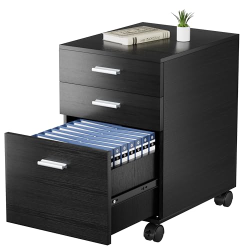 3 Drawer File Cabinet with Wheels,Pre-Assembled Wood Organizer for Home Office,Mobile Printer Stand Storage,19" L x 16" W x 22" H (Black) - color: Black