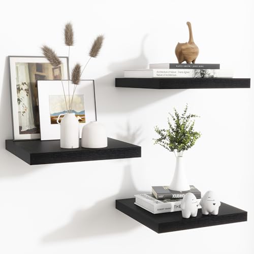 Fun Memories Floating Shelves for Wall - 12 Inch Square Shelves with Invisible Brackets, Black Small Wall Shelf for Living Room, Bathroom, Bedroom, and Kitchen Decor Set of 3 - color: Black, size: 12"W x12"D - 3P