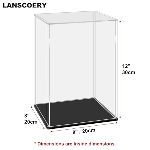 LANSCOERY Acrylic Display Case, 8x8x12 in, Upgraded Thickened UV-Resistant Showcase, 98% Clarity Dustproof Box with Glossy Black Base for Action Figures, LEGO & Models, Includes Scraper & LED Light - color: Black, size: 8x8x12inch; 20x20x30cm