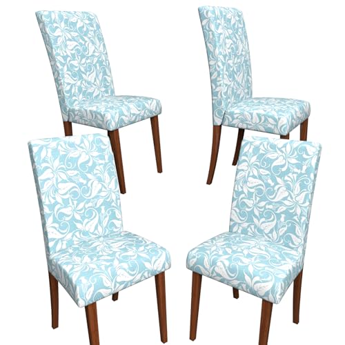 Stretch Dining Chair Covers Set of 4,Floral Print Chair Covers,Soft Removable Washable,Pet Friendly Furniture Protector,Universal Chair Slipcovers for Home, Kitchen,Ceremony Dining Room Seat - color: Light Blue Curly Leaf Pattern, size: 4PCS
