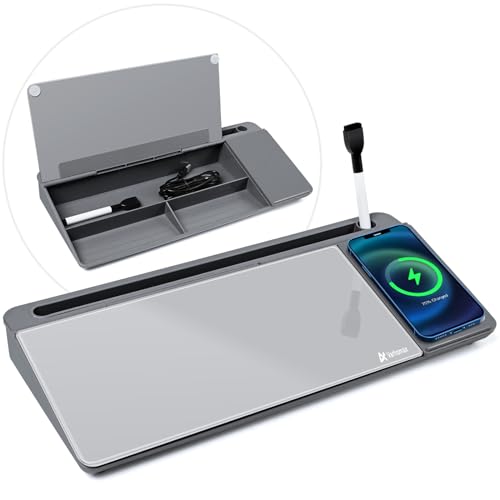 Varhomax Glass Desk Whiteboard with Wireless Charger, Desktop Dry Erase White Board with Storage, to Do List Memo Notepad for Home and Office (Gray) - color: Wireless Charger-gray