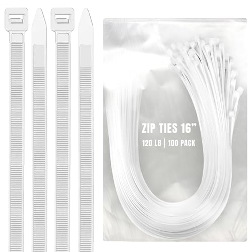 ALBO White Zip Ties Heavy Duty 16 Inch Long 120lb - 100 Pack Plastic Cable Ties 0.3 Inch Thick UV Resistant Tie Wraps for Indoor and Outdoor Use - size: 16" White 100 Pack 120lb