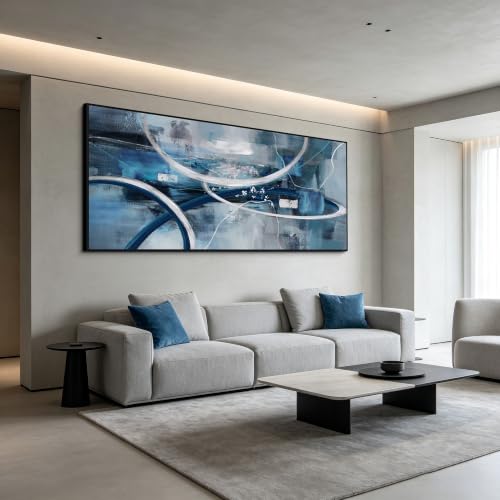 Blue Grey Intertwined Abstract Canvas Wall Art for Living Room 70x31 Inches | Oversized Elegant Cool Tone Fluid Textured Painting Black Frame Modern Luxury Wall Decor for Large Main Master Bedroom Wall - color: Blue and white, size: 70"L x 31"W