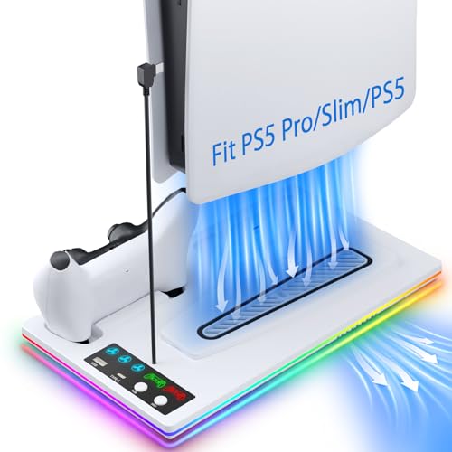 PS5 Cooling Station Stand RGB with Dual Controller Charging Station for PlayStation 5 Console, PS5 Accessories Incl. Controller Charger, Cooling Fan, Headset Holder, 3 USB Hub