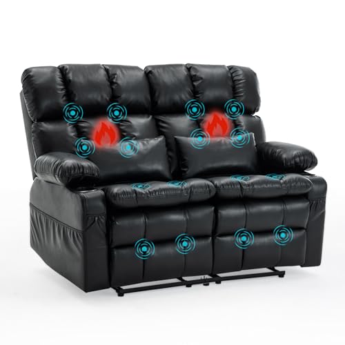Loveseat Recliner Sofa with Massage & Heat, Wall Hugger Reclining Love seat with Adjustable Headrest, RV Double Recliner Couch with Cup Holders, Side Pockets, Home Theater Seating, Black - color: Black, size: Loveseat