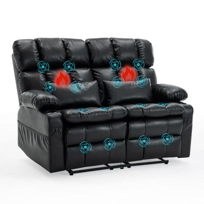 Loveseat Recliner Sofa with Massage & Heat, Wall Hugger Reclining Love seat with Adjustable Headrest, RV Double Recliner Couch with Cup Holders, Side Pockets, Home Theater Seating, Black - color: Black, size: Loveseat