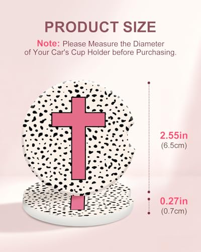 Swooflia Car Coasters for Women - Polka Dot Pink Cross Car Cup Coasters Absorbent Cup Holder Coasters for Car 2 Pcs Ceramic Car Cupholder Coaster with Cork Base Car Interior Accessories - color: Pink Jesus