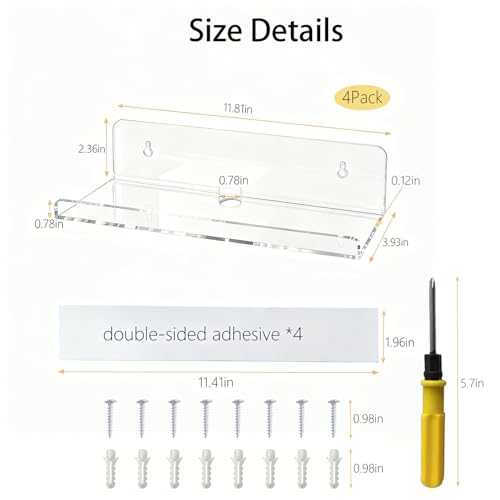 4-Pack Clear Acrylic Floating Shelves, Space-Saving Invisible Wall Shelves for Bathroom Kitchen Office Living Room, Modern Decor Set