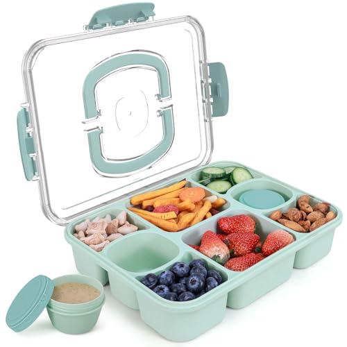 Large Snackle Box Container with 2 Sauce Cups, 8-Compartment Divided Serving Tray with Lid & Handle, Portable Snack Tray for Travel Picnic, Leak-Proof, Dishwasher Safe, BPA-Free - color: Green