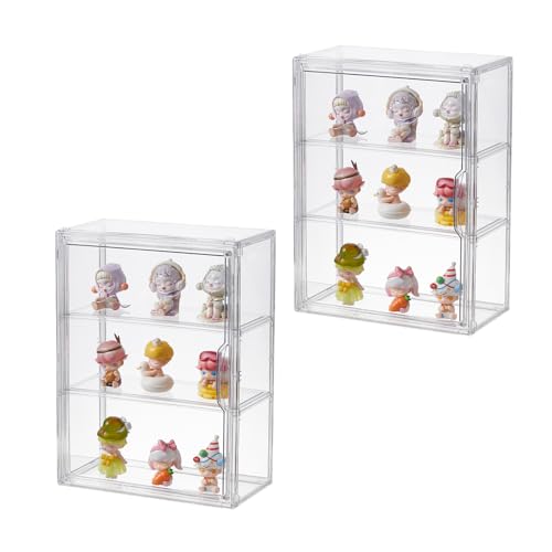 3 Tiers Clear Acrylic Display Case, Plastic Storage Bins with 2 Adjustable Divider and Magnetic Door,Stackable Display Box for Figures Showcase (2pack) - size: Large-3 Tier-2 Pack