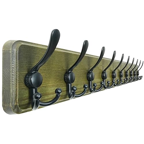 Dseap Coat Rack Wall - Heavy-Duty 38-1/4" Long, with Reinforced 10 Custom Tri-Hooks, Solid Wood Wall Hanger for Coats Hat Jackets - Rustic Farmhouse Entryway Hallway Storage, Weathered Green & Black - color: Weathered Green & Black, size: L=38.3"
