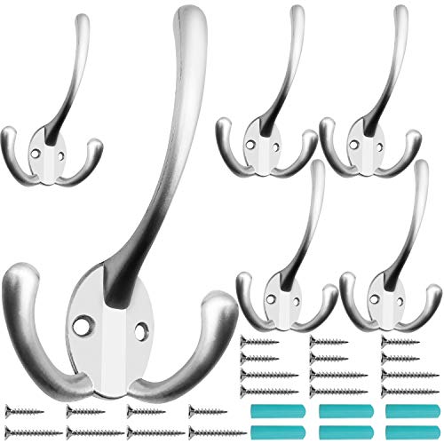 IBosins 6 Pack Big Heavy Duty Three Prongs Coat Hooks Wall Mounted with 24 Screws (Two Types of Screws Included) Retro Double Utility Rustic Hooks for Thick Coat, Big Heavy Bags (Matte Nickel) - color: Matte Nickel