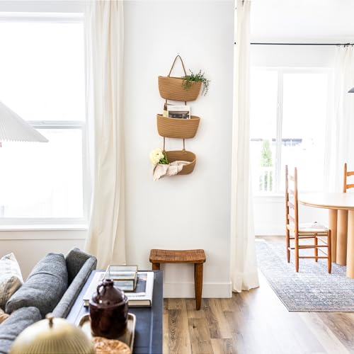 3-Tier Over the Door Hanging Basket (Set of 2) Adjustable, Detachable Woven Storage Baskets with Wall and Door Hooks - Decorative Boho Organizer for Nursery, Playroom, Bedroom, Kitchen, Apartment