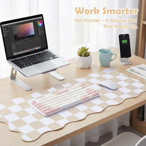 Copkim 1 Pcs Beige Scalloped Checkered Desk Mat 31.5 x 11.8 Inch Large Cute Mouse Pad Computer Mat Non Slip Waterproof Rubber Base with Border Stitching Soft Keyboard Pad for Home Office Gaming Makeup - color: Beige, style: Checkered