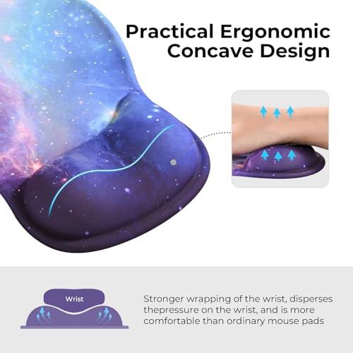 EooCoo Ergonomic Mouse Pad with Gel Wrist Rest Support Middle Concave Design, Relieve Wrist Pain, Non-Slip Base for Laptop, Computer, Office Desk Accessories, Carpal Tunnel Syndrome - color: Galaxy Purple