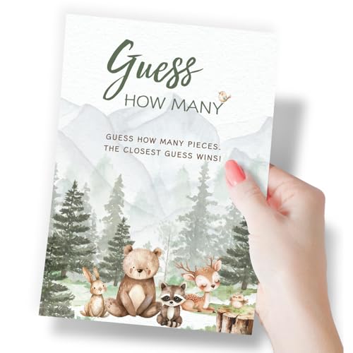 Printed Party Baby Shower Games – Woodland Adventure Candy Jar Guessing Game, Forest Animal Theme, 30 Guess How Many Cards & Matching Display Sign - color: Woodland Adventure