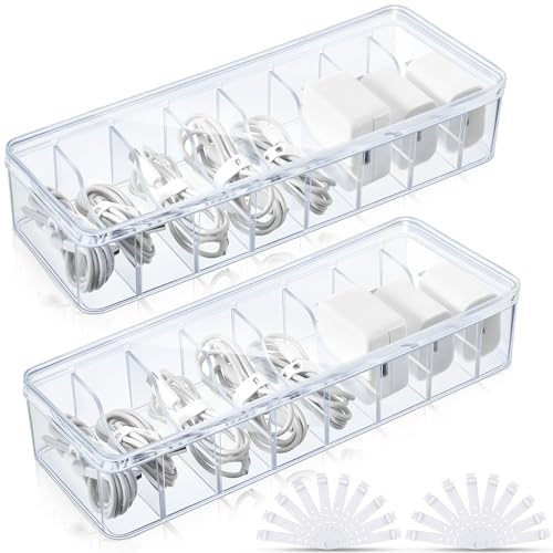 Tatuo 2 Pcs Cable Organizer Box with Wire Ties, Plastic Cord Storage Box with Lid, Electronics Organizer for Home Office Desk Organizers and Accessories (Clear) - color: Clear
