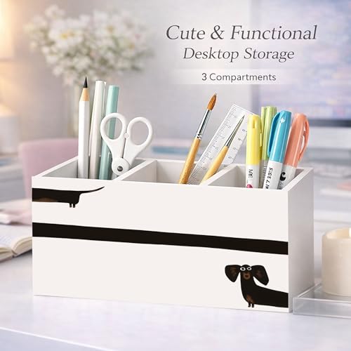 Dachshund Dog Wooden Desk Organizer 3 Compartments | Cute sausage dog design; 3-compartment wooden holder for pens, pencils, and office supplies, great dog lover gift. - color: Dachshund Dog