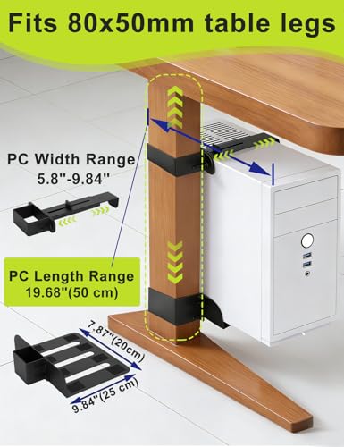 No-Drill Under Desk PC Mount, Adjustable CPU Holder for Standing Desk, Compatible Only with 80mm × 50mm Desk Legs, Supports up to 50 lbs, Includes Non-Slip Pads - size: Fits Desk Leg: 80mm(D) x 50mm(W)