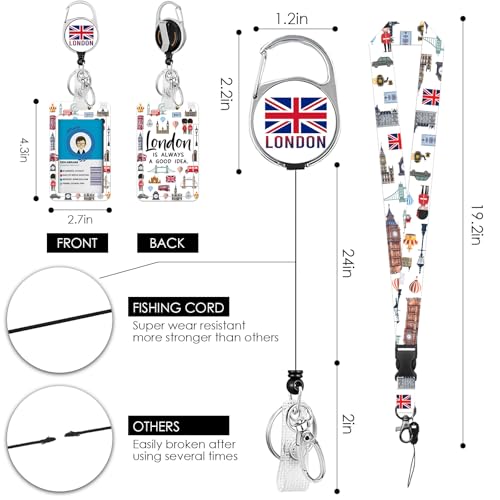 Lanyards for ID Badge, London ID Badge Holder with Retractable Reel Clip and Keychain, Vertical Heavy Duty Identity Card Cover Case Protector, Lanyard with Id Holder for Teacher Nurse - color: London-white